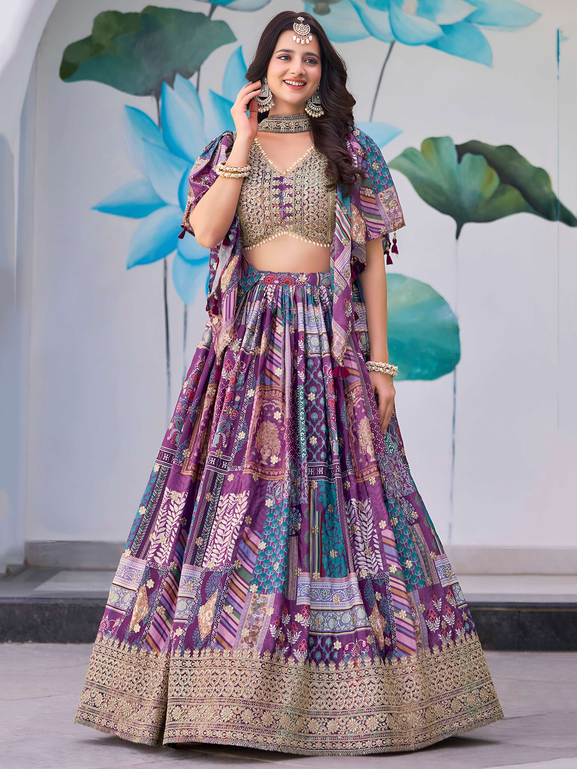  Purple Multicolor flower Printed Lehenga Choli in Chinnon Silk fabric supplier in surat 7050 Purple 